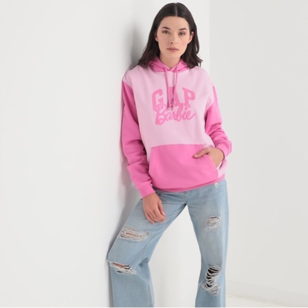 Gap x Barbie Pink Colourblock Hoodie Sweatshirt - Picture 3 of 7